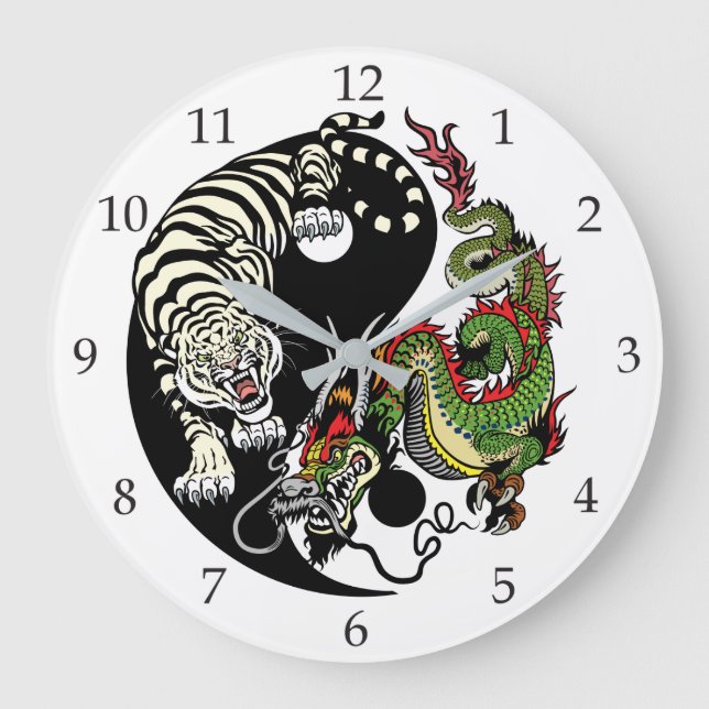 Reloj Redondo Grande símbolo dragón y tigre yin yang (Anverso)