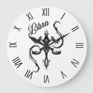 Reloj Redondo Grande Símbolo libra zodiaco con números romanos negros