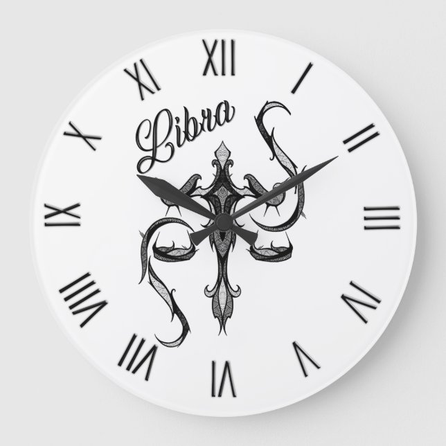 Reloj Redondo Grande Símbolo libra zodiaco con números romanos negros (Anverso)