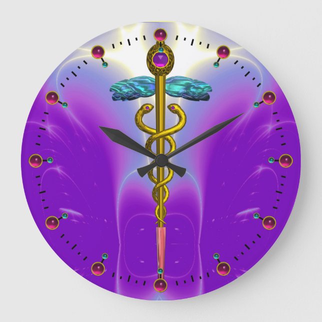 Reloj Redondo Grande Símbolo médico CADUCEO DE ORO Violeta Ultravioleta (Anverso)