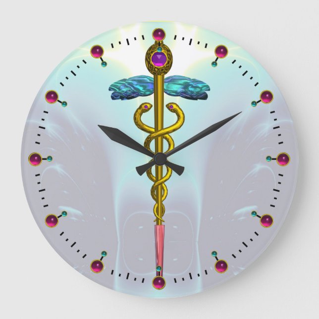 Reloj Redondo Grande Símbolo Médico Caduceo Dorado Azul Acuático Claro  (Anverso)
