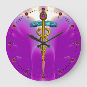 Reloj Redondo Grande Símbolo médico CADUCEO dorado Rosa Fucsia Vibrante