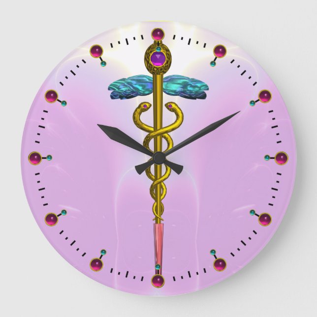 Reloj Redondo Grande Símbolo médico CADUCEUS ORO rosa claro (Anverso)