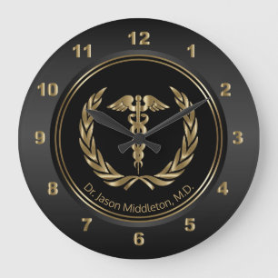 Reloj Redondo Grande Símbolo médico de oro en negro
