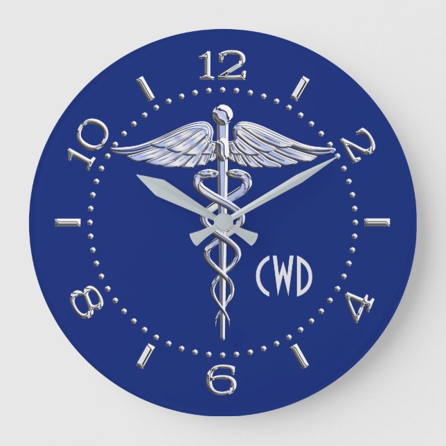 Reloj Redondo Grande Símbolo médico monograma Caduceo sobre azul (Anverso)