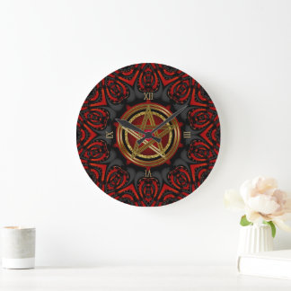 Reloj Redondo Grande Símbolo pentagrama de oro rojo gótico negro