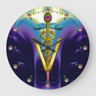Reloj Redondo Grande SÍMBOLO VETERINARIO CADUCEO DE ORO / Púrpura azu