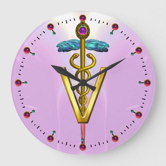 Reloj Redondo Grande SÍMBOLO VETERINARIO CADUCEO DE ORO / rosa (Anverso)