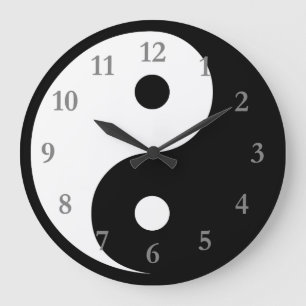 Reloj Redondo Grande Símbolo Yin Yang Blanco/Negro con Números Grises