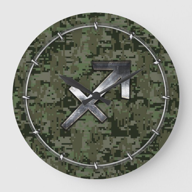 Reloj Redondo Grande Símbolo zodiaco sagitario en camo digital verde (Anverso)