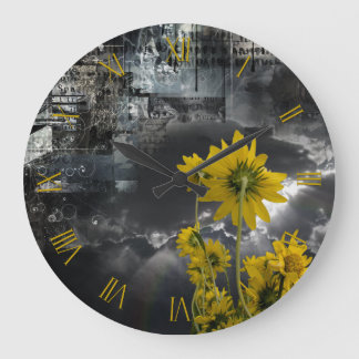 Reloj Redondo Grande Símbolos abstractos y flores amarillas