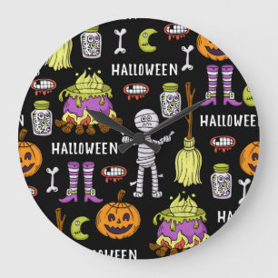Reloj Redondo Grande Símbolos de Halloween, tema vintage continuo