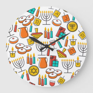 Reloj Redondo Grande Símbolos de Hanukkah: Patrón de festividades judía