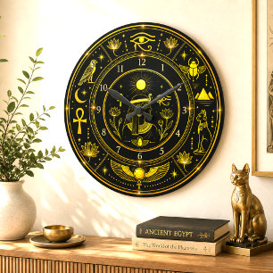 Reloj Redondo Grande Símbolos del Antiguo Egipto Patrón de lujo en negr