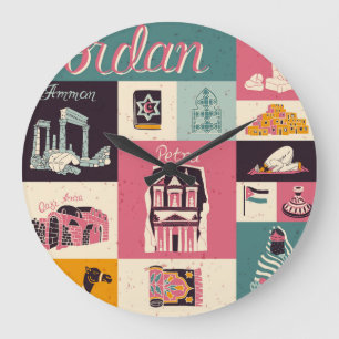 Reloj Redondo Grande Símbolos retro de la cultura jordana ilustrados