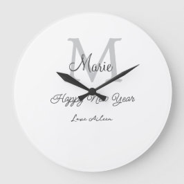 Reloj Redondo Grande simple minimal happy new year monogram gray name 