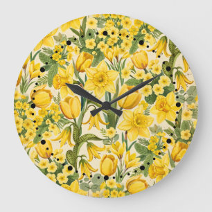 Reloj Redondo Grande Sinfonía de flores amarillas de primavera