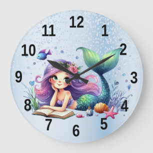 Reloj Redondo Grande Sirena de Acuarela Vida Marina Bonita Hermosa