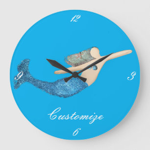 Reloj Redondo Grande Sirena de cola azul nadando Thunder_Cove