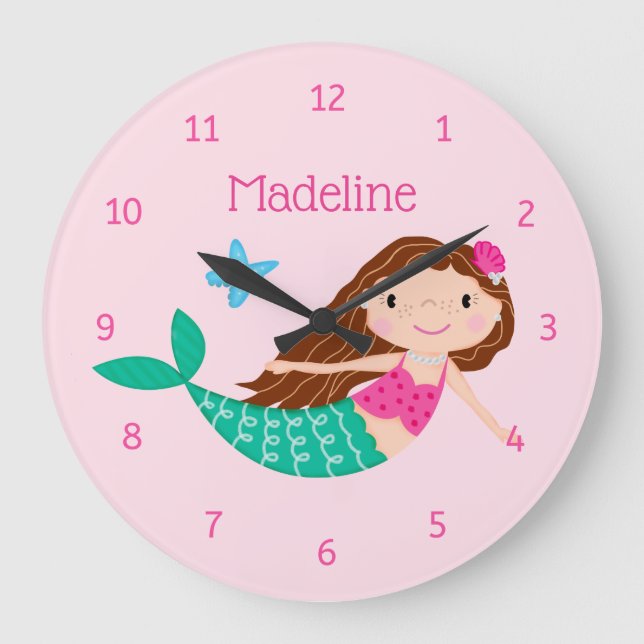 Reloj Redondo Grande Sirenita caprichosa rosa personalizada (Anverso)