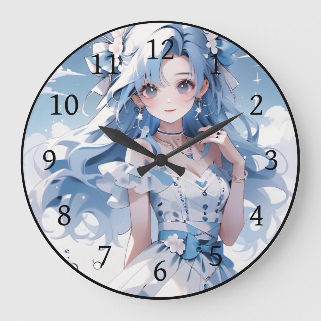 Reloj Redondo Grande Sirenita con el pelo azul en un vestido azul (Anverso)