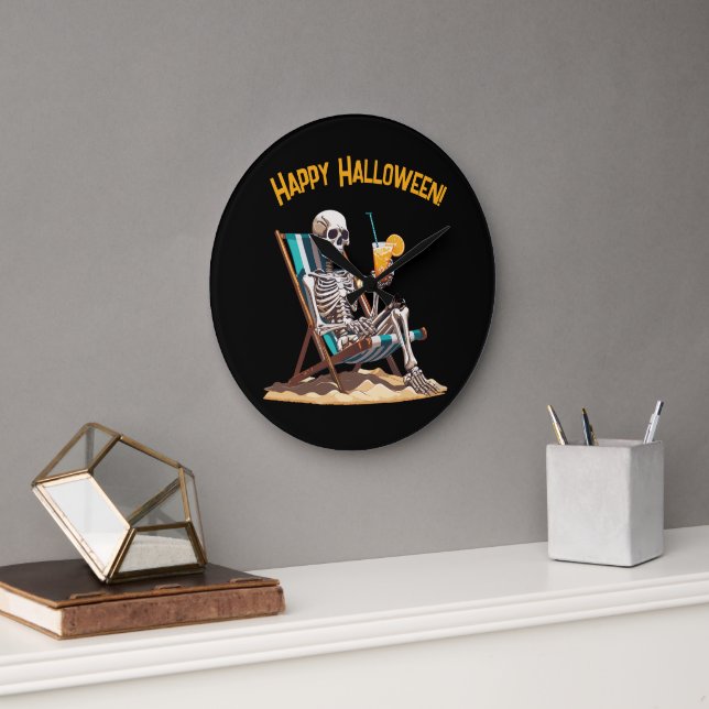 Reloj Redondo Grande Skeleton Beach Lounging Halloween (Oficina)