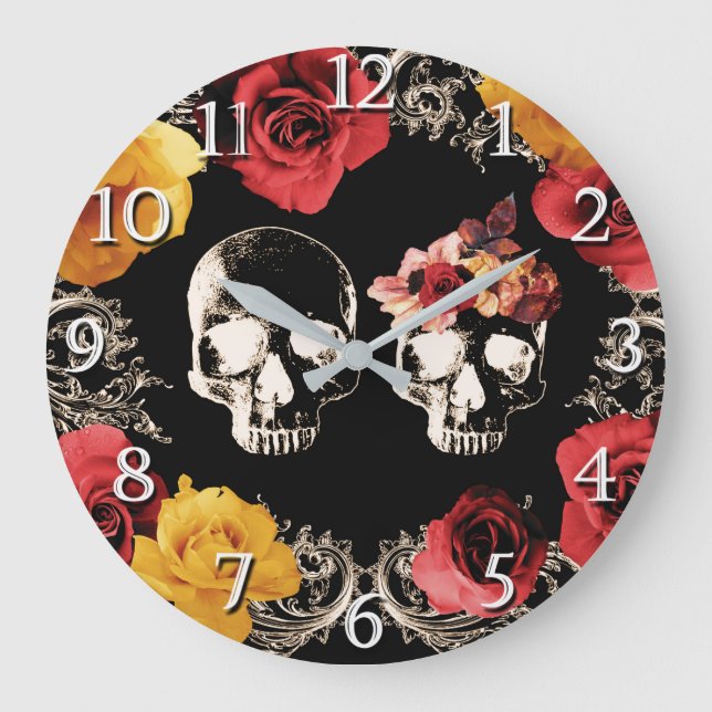 Reloj Redondo Grande Skeleton Skull Red Yellow Fall Floral (Anverso)