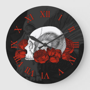 Reloj Redondo Grande Skull And Red Roses