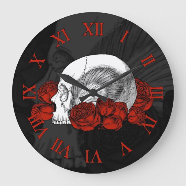 Reloj Redondo Grande Skull And Red Roses (Anverso)
