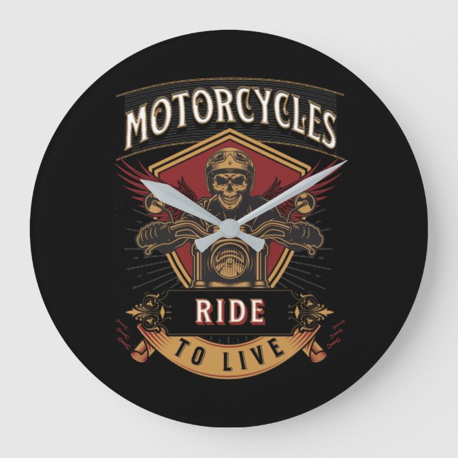 Reloj Redondo Grande Skull Ride Motorcycles, Ride To Live (Anverso)