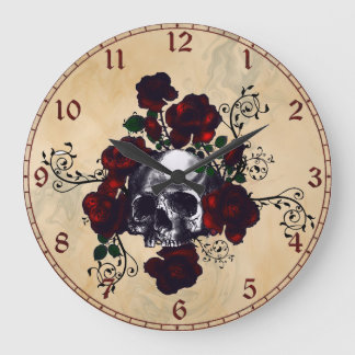 Reloj Redondo Grande Skull y Rosas Tattoo Estilo arte Gótico