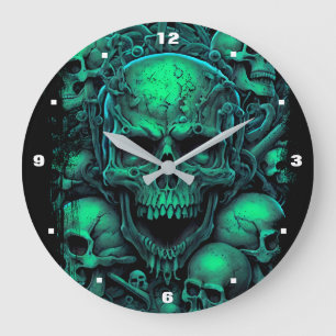 Reloj Redondo Grande Skulls Green Black Scary Biker Gótico Halloween