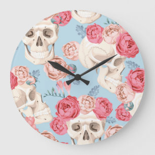 Reloj Redondo Grande Skulls y Rosas Patrón de vintage