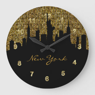 Reloj Redondo Grande Skyline de Nueva York   Purpurina Golden Confetti