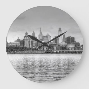 Reloj Redondo Grande Skyline Filadelfia en blanco y negro