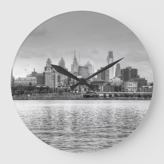 Reloj Redondo Grande Skyline Filadelfia en blanco y negro (Anverso)