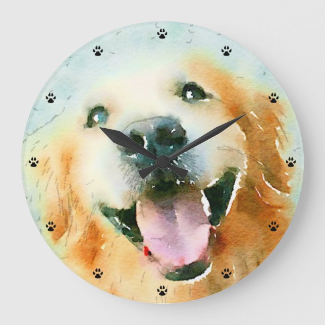 Reloj Redondo Grande Smiling Golden Retriever in Watercolor (Anverso)