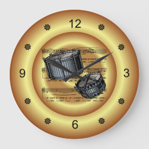 Reloj Redondo Grande Snare Drums ~ Sheet Music ~ Gold Background ~ 