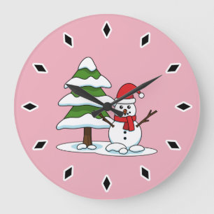 Reloj Redondo Grande Snowman con un árbol de pino con nieve