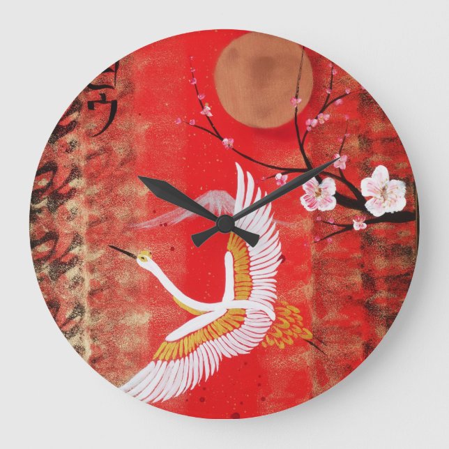 Reloj Redondo Grande Sol de grulla japonesa pintura roja sakura (Anverso)