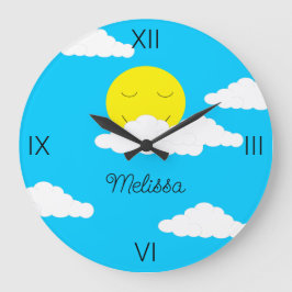 Reloj Redondo Grande Sol sonriente con nubes esponjosas