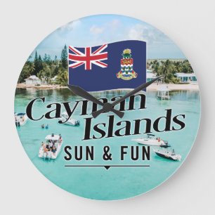 Reloj Redondo Grande "Sol y diversión de las Islas Caimán" con bandera