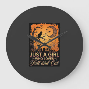 Reloj Redondo Grande Sólo Chica Que Ama Gato De Otoño Halloween Luna_1