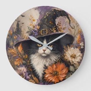 Reloj Redondo Grande Sombrero de bruja de gato negro vintage floral de