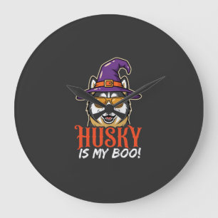 Reloj Redondo Grande Sombrero de Bruja Mi Husky de Halloween Es Mi Boo