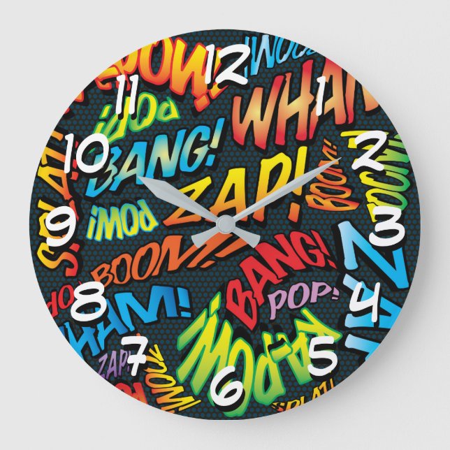 Reloj Redondo Grande Sonidos de arte pop de cómics retro divertido (Anverso)