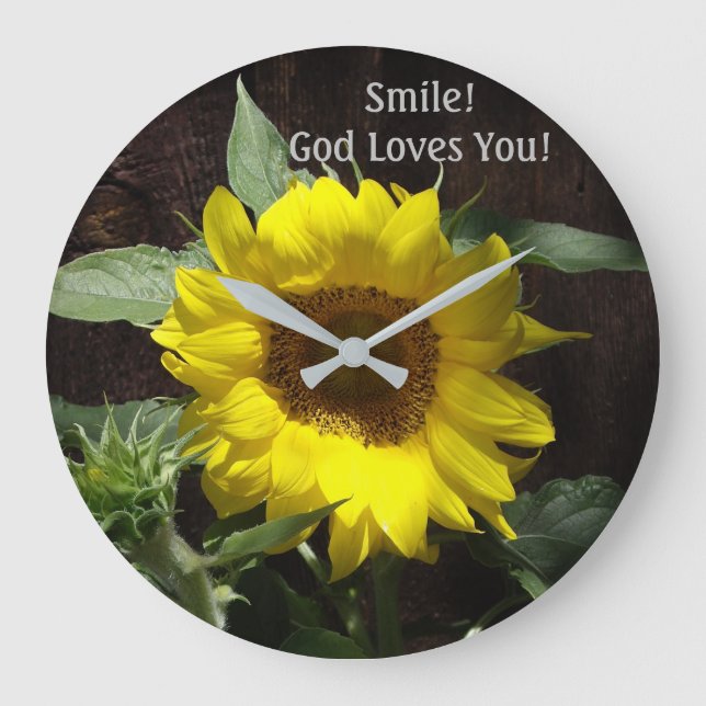 Reloj Redondo Grande Sonrisa de girasol cristiano! ¡Dios Te Ama! (Anverso)