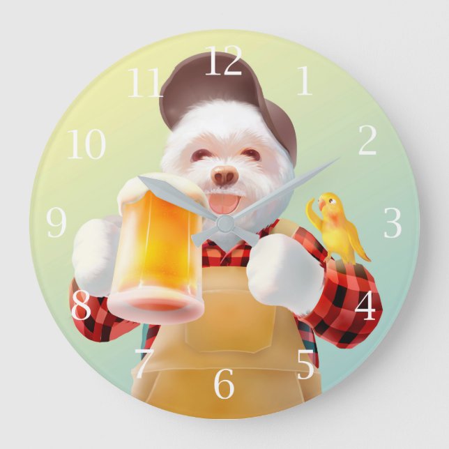 Reloj Redondo Grande Sonrisa Perro Bebiendo cerveza (Anverso)