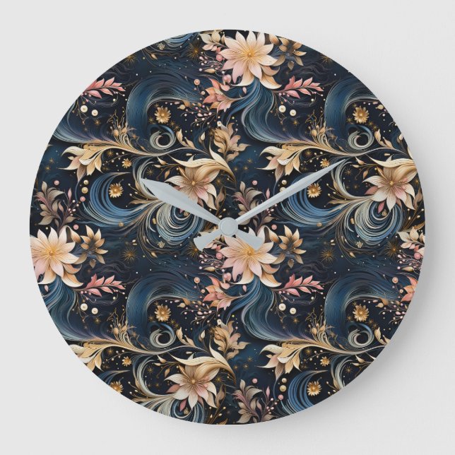 Reloj Redondo Grande Sophisticated Gold Flowers On Navy Blue (Anverso)