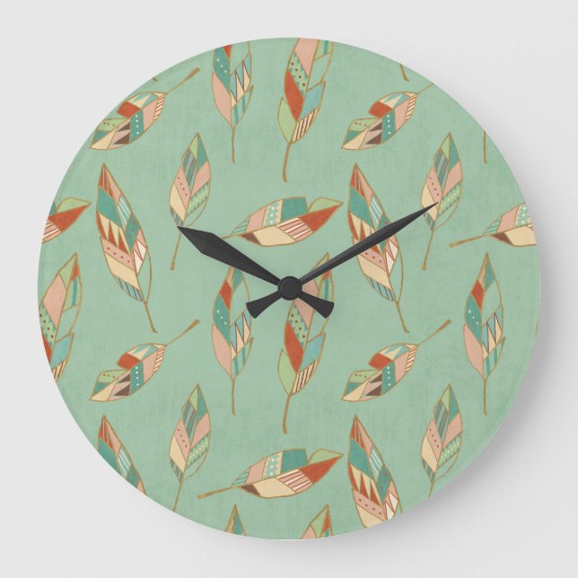 Reloj Redondo Grande Southwest Geo Step | Green Feather Pattern (Anverso)